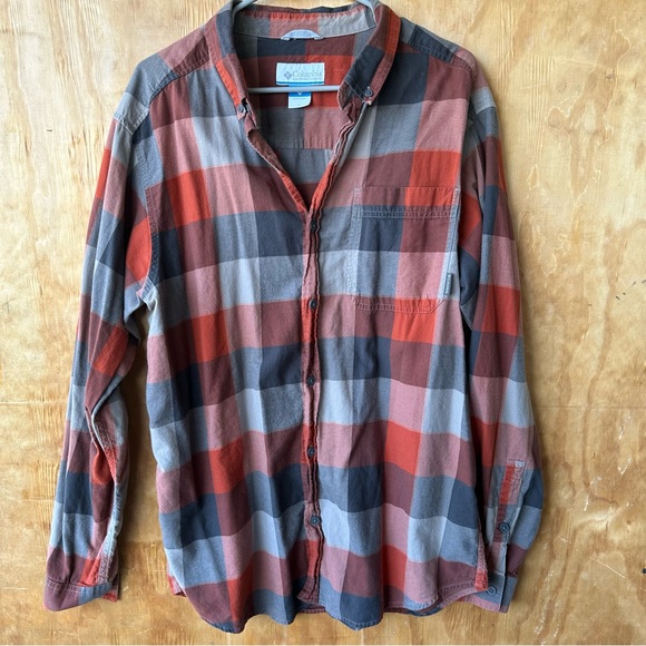 Columbia long sleeve Cotton Plaid Button down Shirt Orange Gray - Picture 9 of 9